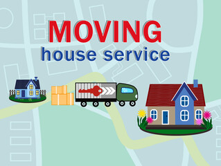Movers service. Illustration of truck and houses