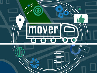 Naklejka premium Movers service. Illustration of truck, map and different icons