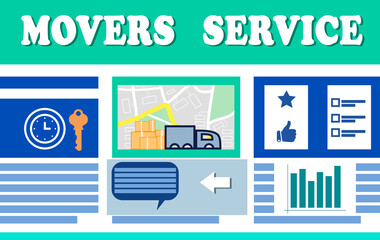 Movers service. Illustration of truck, map and different icons