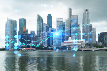 Fototapeta na wymiar Forex and stock market chart hologram over panorama city view of Singapore, the financial center in Asia. The concept of international trading. Double exposure.
