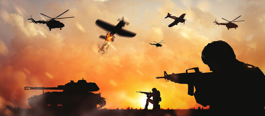 Troops on battlefield at sunset. Military service