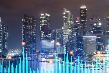 Stock market graph hologram, night panorama city view of Singapore, popular location to gain financial education in Asia. The concept of international research. Double exposure.