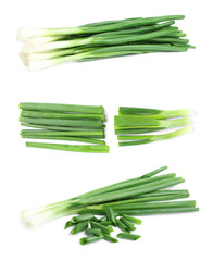 Collage with green spring onions on white background