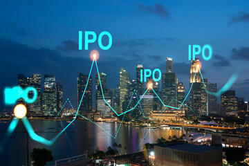 Initial public offering hologram, night panoramic city view of Singapore. The financial center for multinational corporations in Asia. The concept of boosting the growth by IPO process.