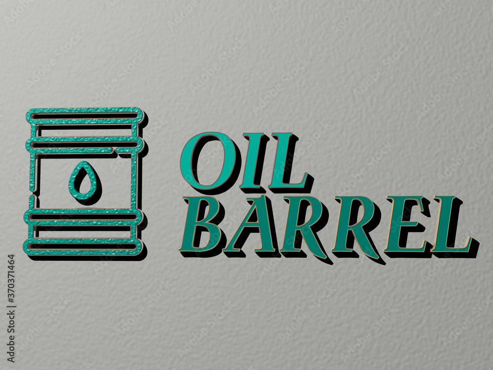 Poster 3d illustration of oil barrel graphics and text made by metallic dice letters for the related meanin