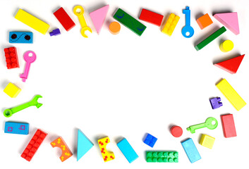  frame made of music accessories for children on white background. top view. copy space.