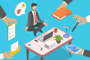 3D Isometric Flat Vector Conceptual Illustration of Relax and Work Balance, Office Worker Meditating and Doing Yoga, Calming Down the Stressful Emotion From Hard Work.