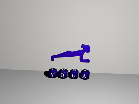 3D illustration of YOGA graphics and text made by metallic dice letters for the related meanings of the concept and presentations. woman and exercise