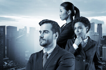 Group of three business colleagues in suits dreaming about new career opportunities after MBA...