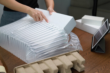 Packing products for delivery, shipping service. Translucent air packaging, protection of goods,...