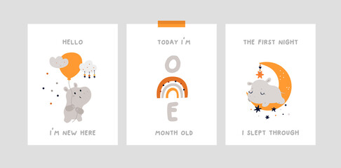 Baby shower print collection. Milestone cards set for newborn. Nursery card or poster with little hippo, moon and rainbow. Ideal for kids room decoration, clothing, prints, anniversary