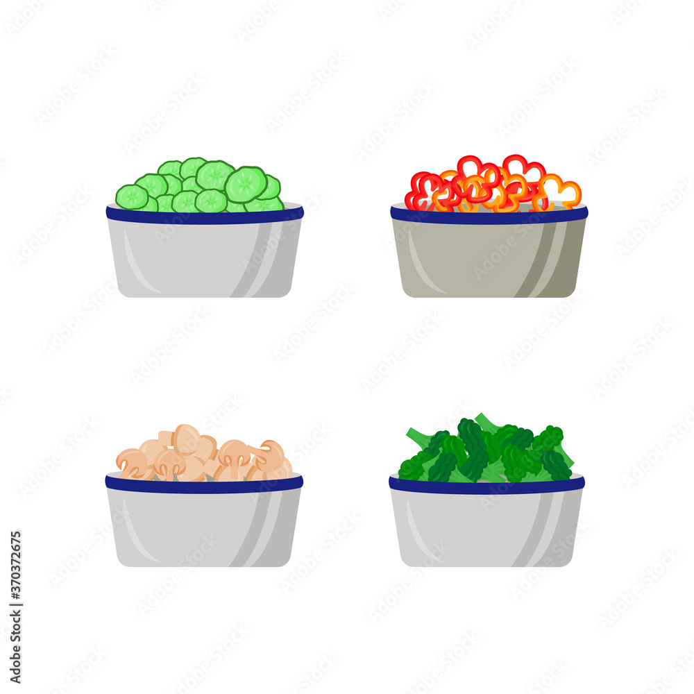 Poster cut vegetables in plates flat color vector object