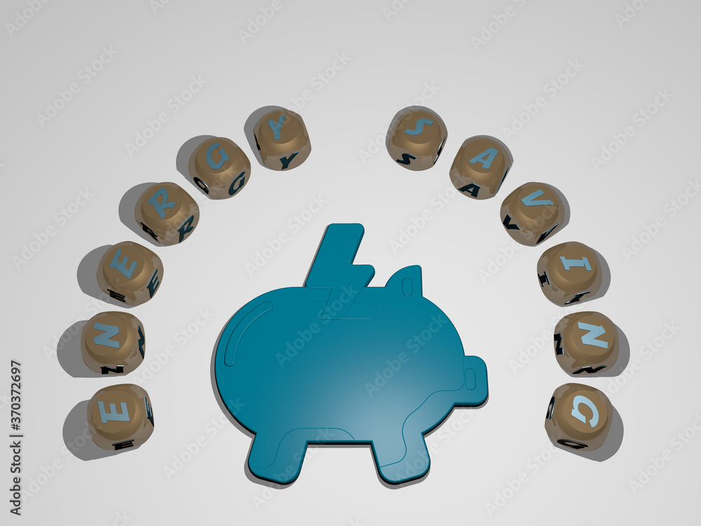 Poster 3d representation of energy saving with icon on the wall and text arranged by metallic cubic letters