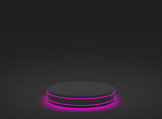 3d pink neon light with black cylinder podium minimal studio black dark background. Abstract 3d geometric shape object illustration render. Display for technology and business game product.