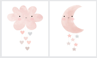 Cute Pink Fluffy Smiling Cloud with Hanging Hearts and Loveli New Monn with Little Stars. Moon and Cloud Isolated on a White Background. Simple Baby Shower Art. Cloud and Rain of Hearts Vector Print.