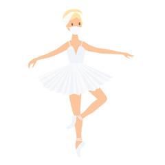 Naklejka premium Ballerina and coronavirus, in white medical face mask. Sport exercise, ballet pose. Vector isolated painting art