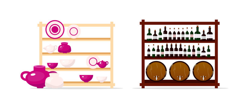 Pottery and wine display flat color vector objects set