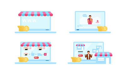 Online markets flat color vector objects set