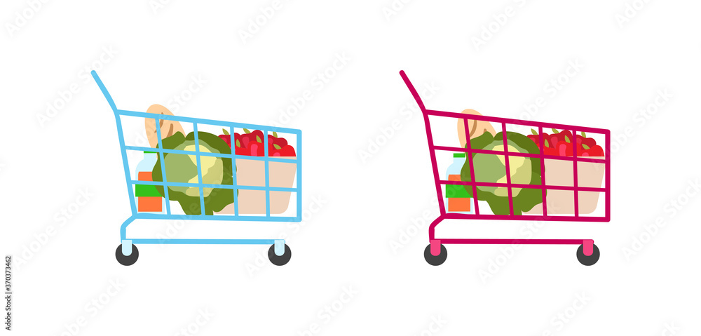 Poster supermarket trolley flat color vector objects set