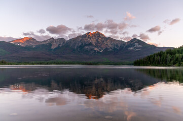 View of Pyramid Lake in Jasper National Park at sunrise. 