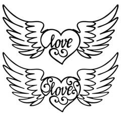 Obraz premium vector illustration, abstract heart with wings, ornament, drawing in black, tattoo, isolate on a white background