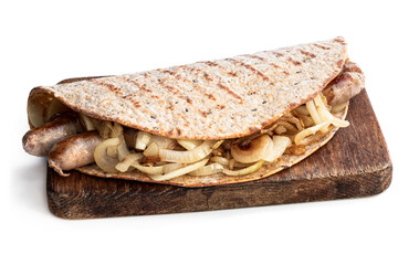 Super seeds wrap with sausages and onions cooking isolated on white