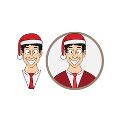 bust of a smiling cartoon man in a Christmas cap in a circle. vector isolated on white background. suitable as a logo