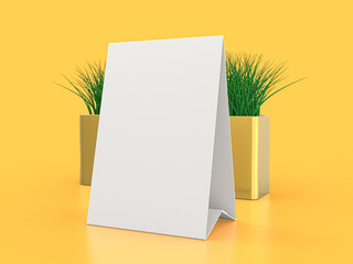 Blank paper Table Tent. Mockup on yellow background. 3D illustration.