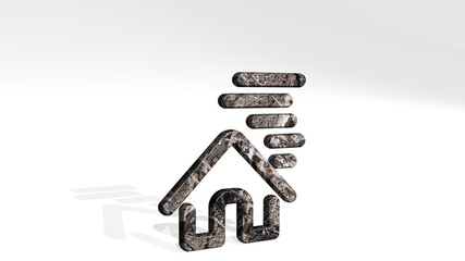 HOUSE HURRICANE made by 3D illustration of a shiny metallic sculpture casting shadow on light background. building and architecture