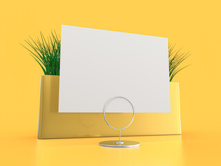 Blank paper Table Tent. Mockup on yellow background. 3D illustration.
