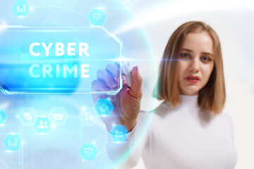 Business, Technology, Internet and network concept. Young businessman working on a virtual screen of the future and sees the inscription: Cyber crime