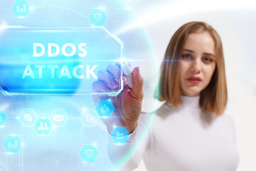 Business, Technology, Internet and network concept. Young businessman working on a virtual screen of the future and sees the inscription: Ddos attack