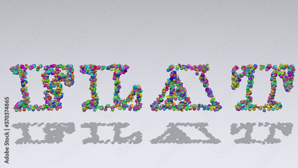 Poster flat written in 3d illustration by colorful small objects casting shadow on a white background. icon