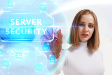 Business, Technology, Internet and network concept. Young businessman working on a virtual screen of the future and sees the inscription: Server security