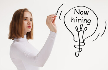 Business, technology, internet and network concept. Young businessman thinks over the steps for successful growth: Now hiring