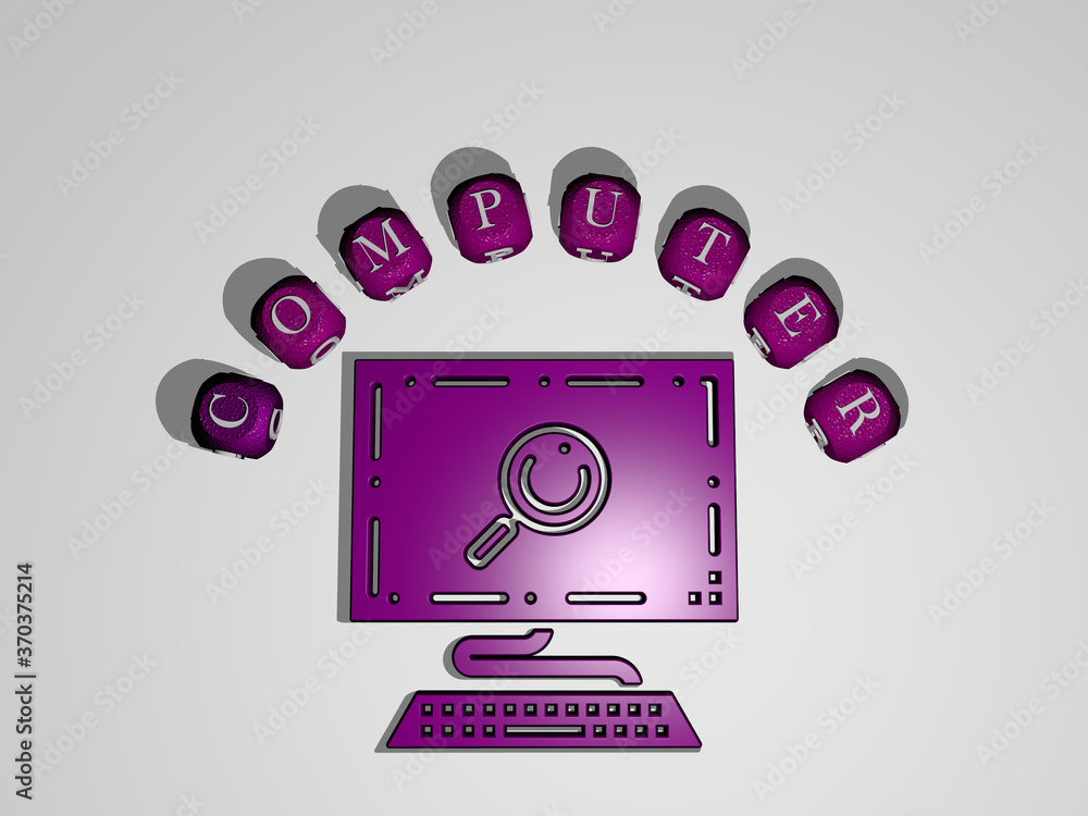 Poster 3d illustration of computer graphics and text around the icon made by metallic dice letters for the 