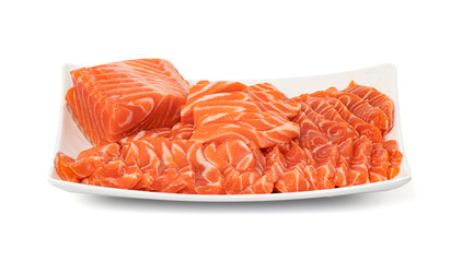 Salmon sashimi in Japanese style, Slices of raw salmon fillet isolated on white background with clipping path
