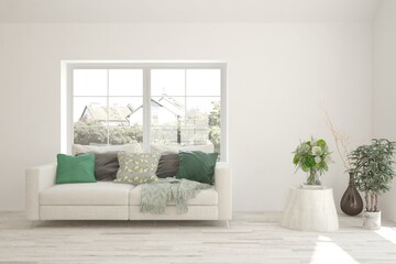 White living room with sofa. Scandinavian interior design. 3D illustration