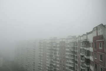 empty streets in the fog, no people quarantine isolation  verry foggy, the view from the quadcopter no people verry foggy