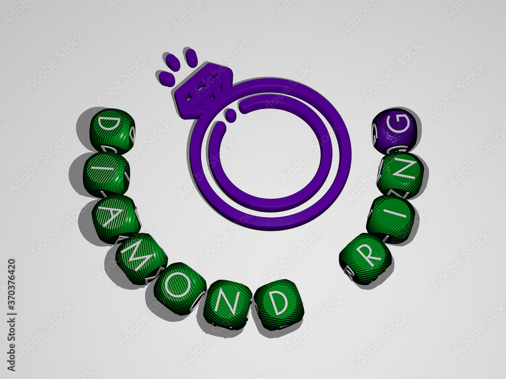 Poster 3d illustration of diamond ring graphics and text around the icon made by metallic dice letters for 
