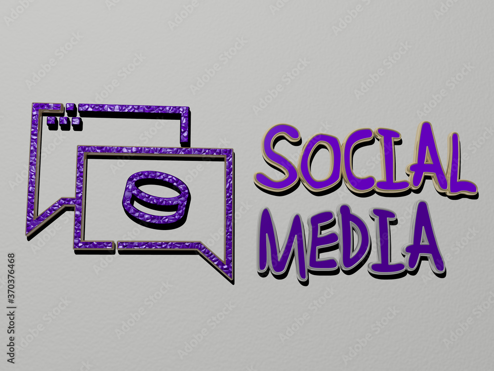 Poster 3d representation of social media with icon on the wall and text arranged by metallic cubic letters 