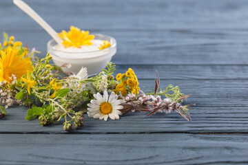 natural cosmetics from herbal ingredients on  blue background