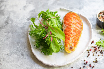 fried salmon steak piece of fillet fish seafood natural product ingredient second course organic eating healthy top view place for text copy space keto or paleo diet raw pescetarian