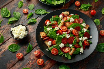 Chorizo Tomato salad with spinach, feta cheese and croutons. healthy summer food