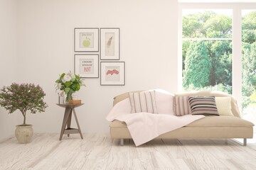 White living room with sofa and summer landscape in window. Scandinavian interior design. 3D illustration