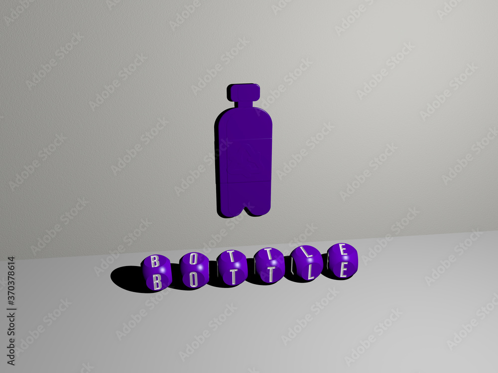 Poster 3d graphical image of bottle vertically along with text built by metallic cubic letters from the top