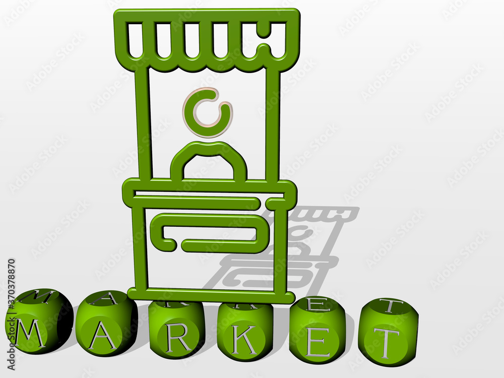Poster 3d representation of market with icon on the wall and text arranged by metallic cubic letters on a m