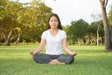 Naklejka na ściany i meble Yoga Outdoor Meditation, Woman Body Meditating, Human Hand.