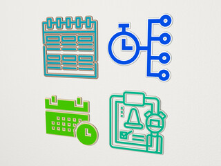 SCHEDULE made by 3D illustration of a shiny metallic sculpture on a wall with light background. calendar and business