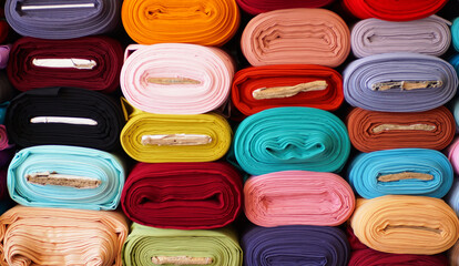 Stacks of colorful textiles at the fabric store